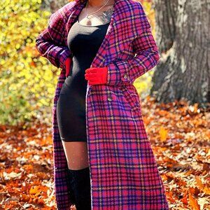 Long Lined Plaid Winter Coat - Houndstooth Thick Outerwear with Pockets